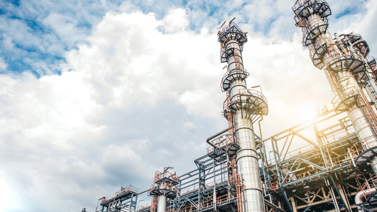 Close-up of industrial pipelines of an oil-refinery plant